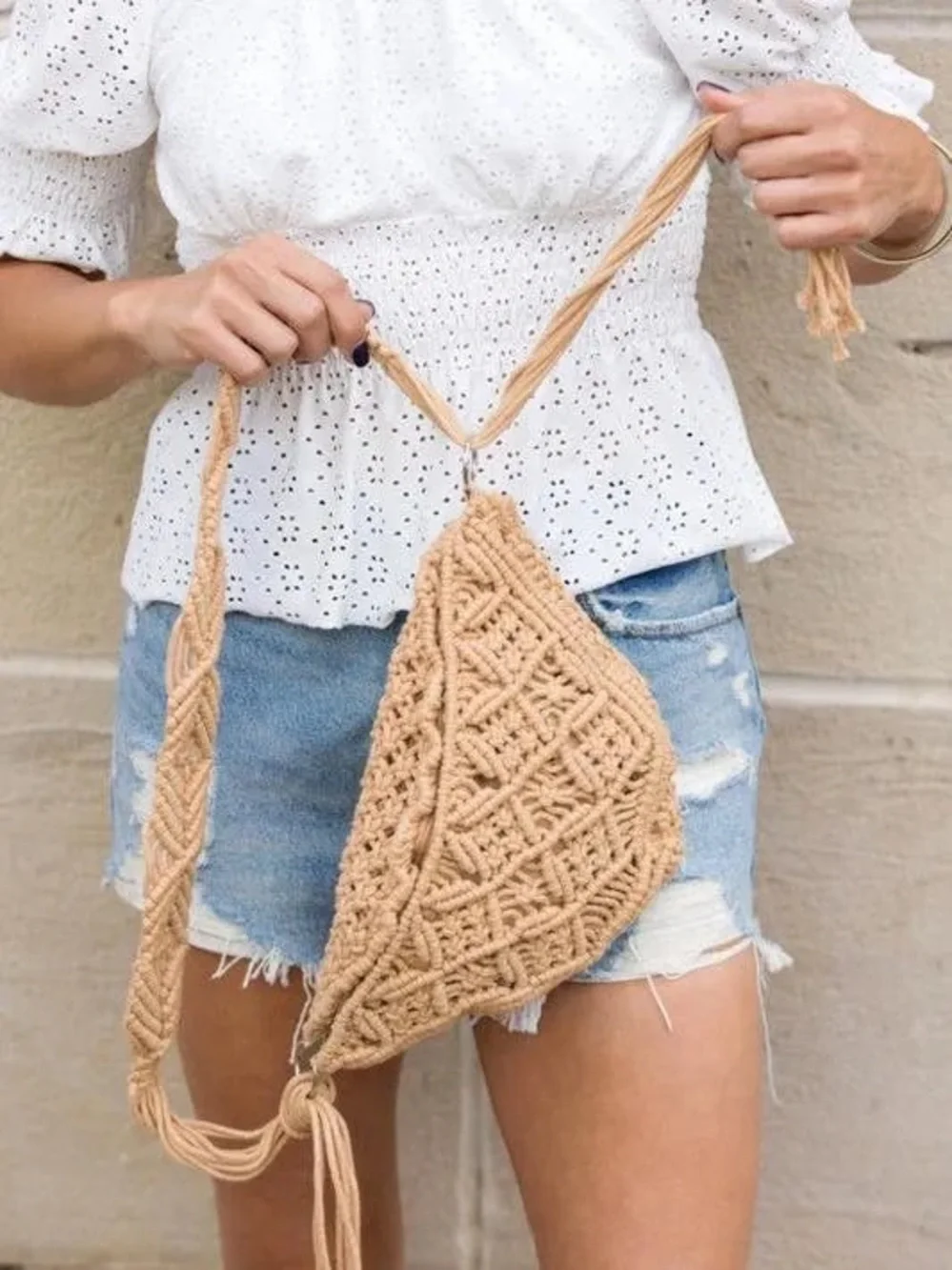 Macrame White Crocheted Crossbody Fanny Bag